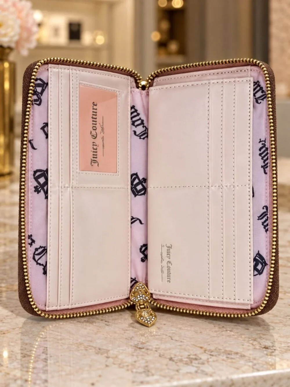 Juicy Couture Velour Zip Around Wallet Wristlet Brown Pink Chain NWT